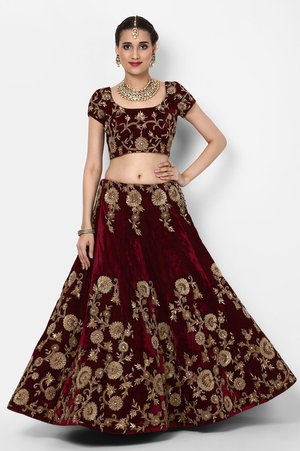 Crimson Marron Velvet Bridal Lehenga Choli