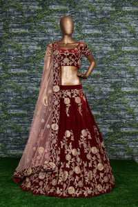 Crimson Marron Velvet Bridal Lehenga Choli