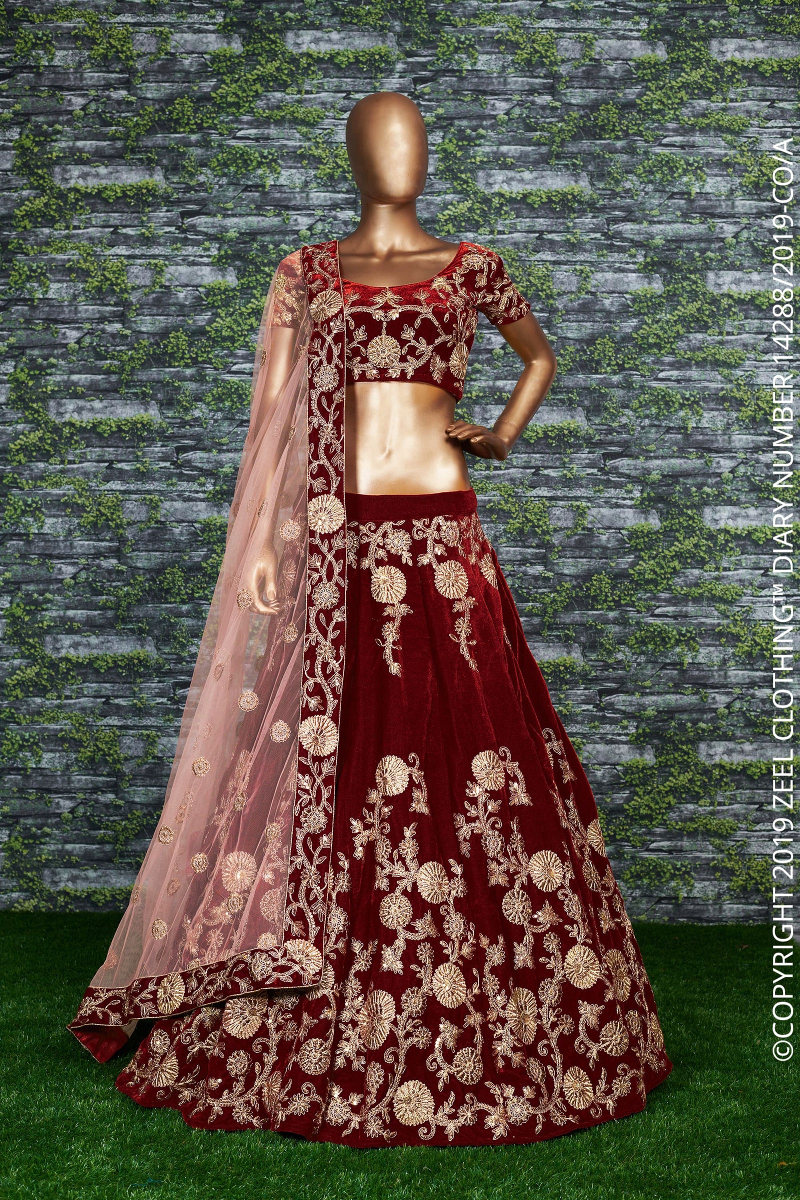 Crimson Marron Velvet Bridal Lehenga Choli
