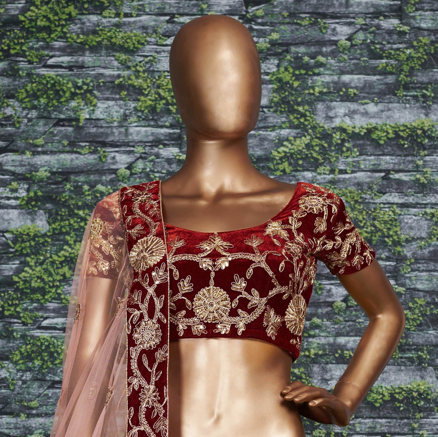 Crimson Marron Velvet Bridal Lehenga Choli