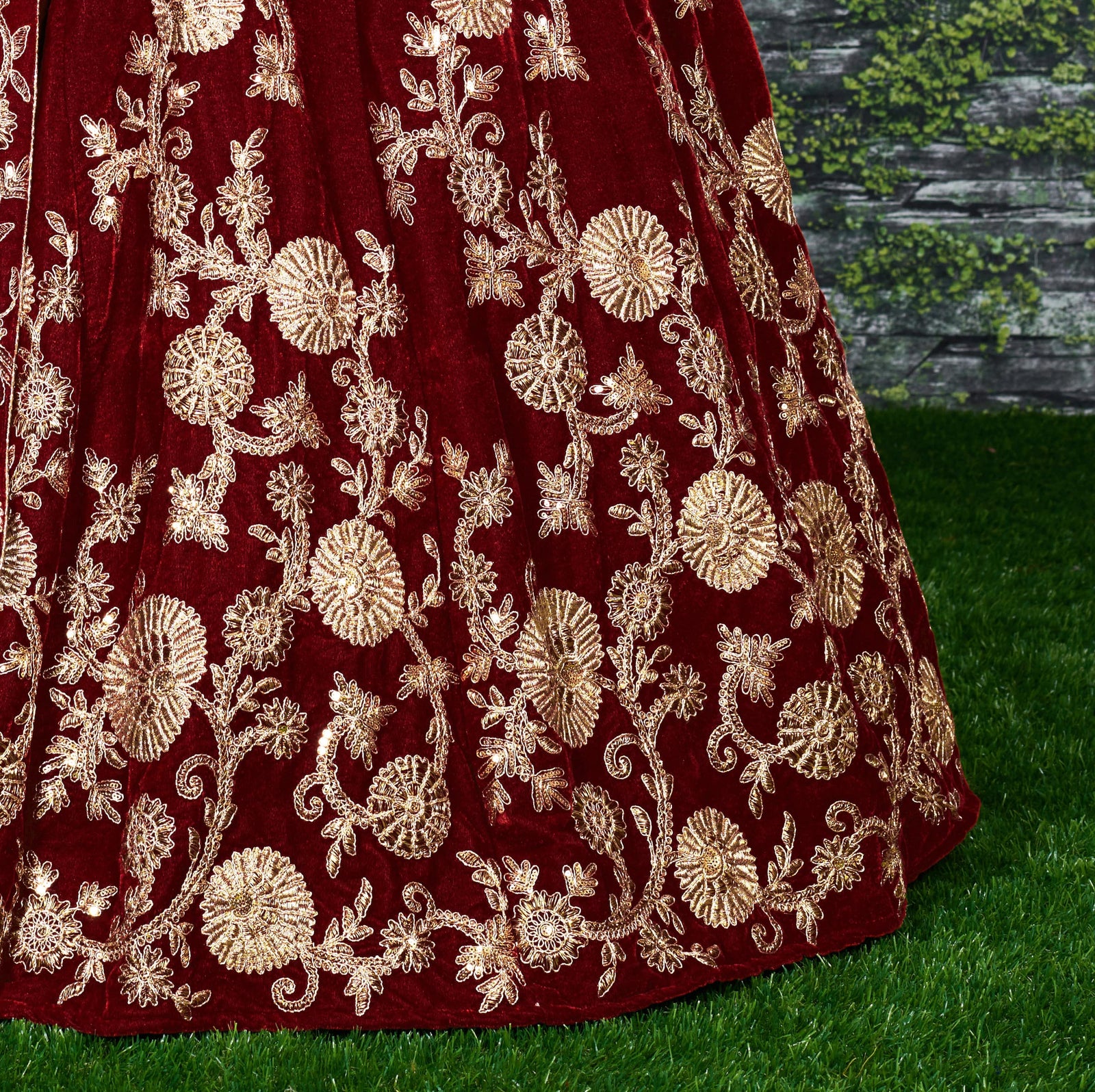 Crimson Marron Velvet Bridal Lehenga Choli