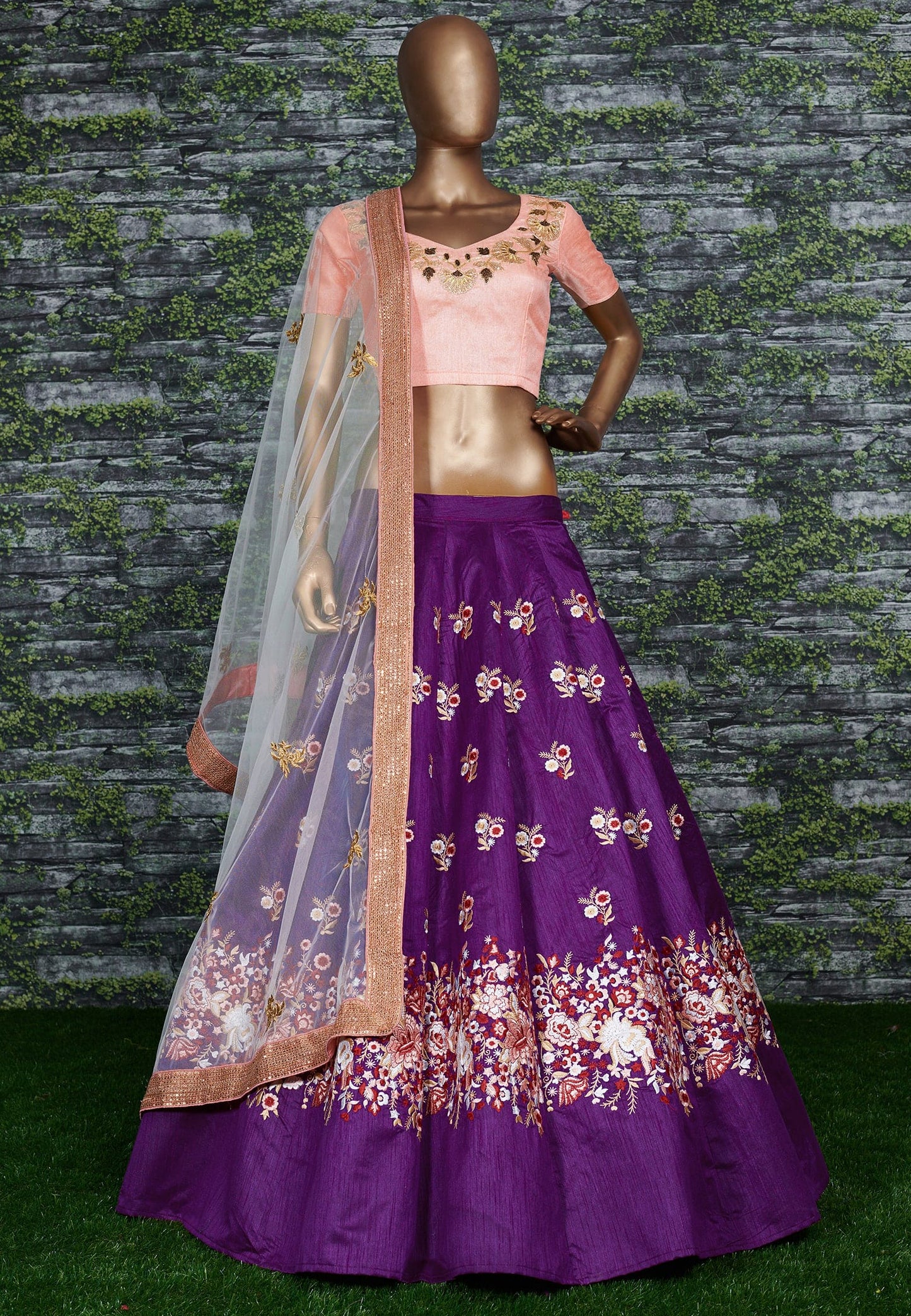 Purple Embroidered Raw Silk Lehenga Choli