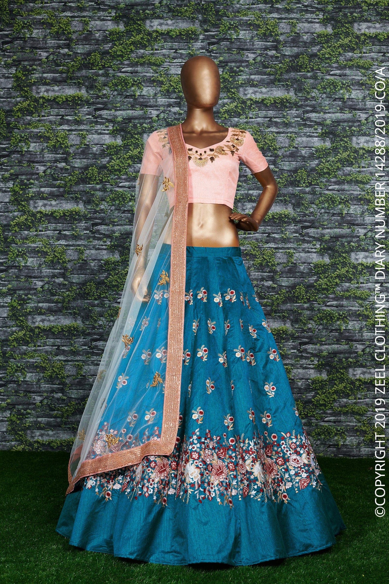 Rama Green Embroidered Raw Silk Lehenga Choli
