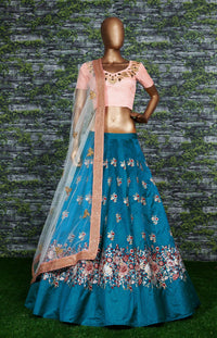 Rama Green Embroidered Raw Silk Lehenga Choli