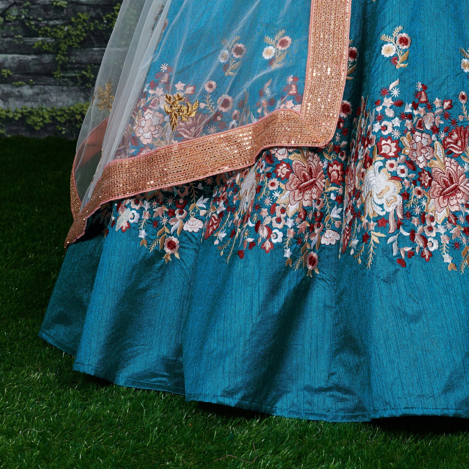 Rama Green Embroidered Raw Silk Lehenga Choli