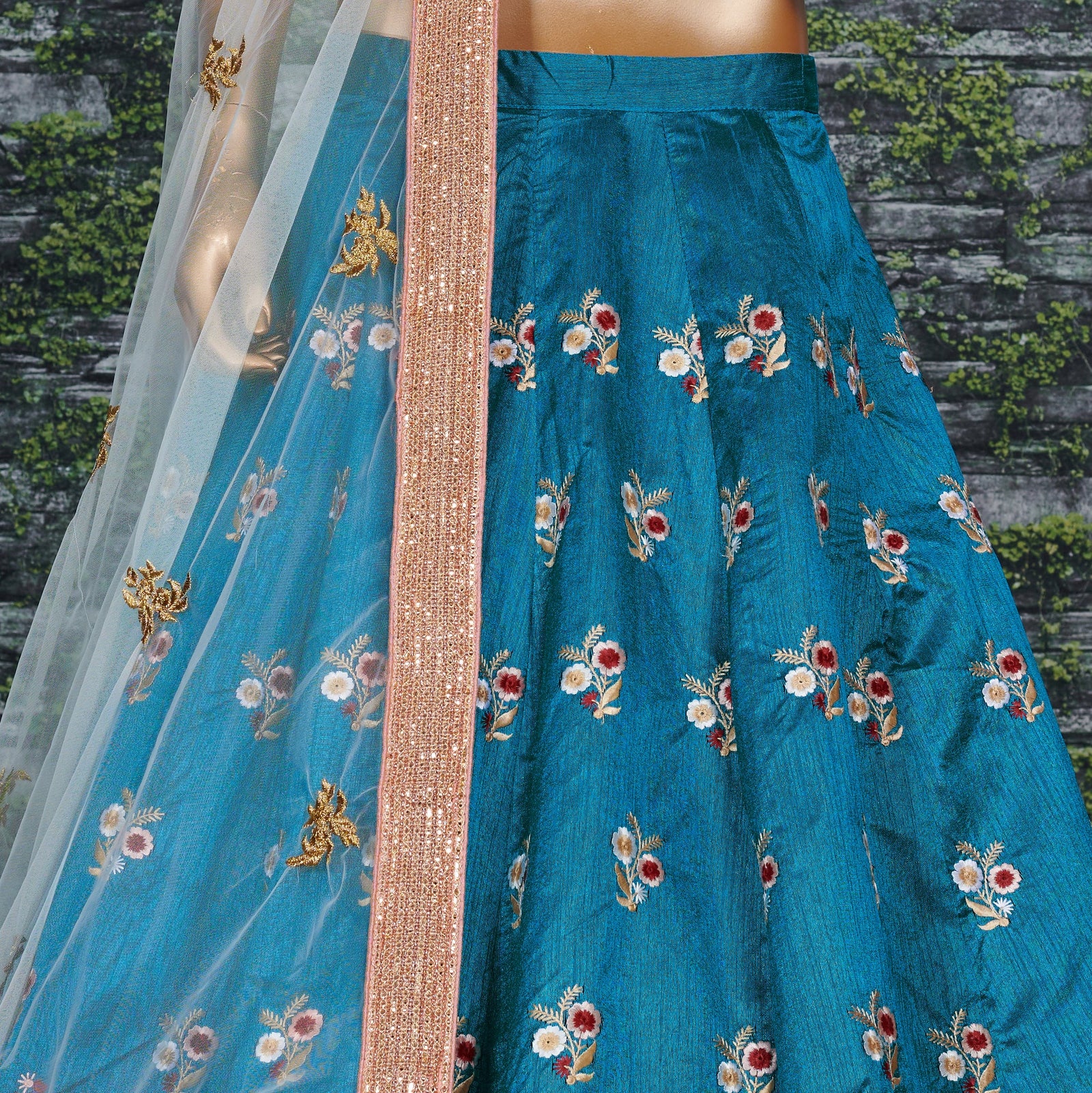 Rama Green Embroidered Raw Silk Lehenga Choli