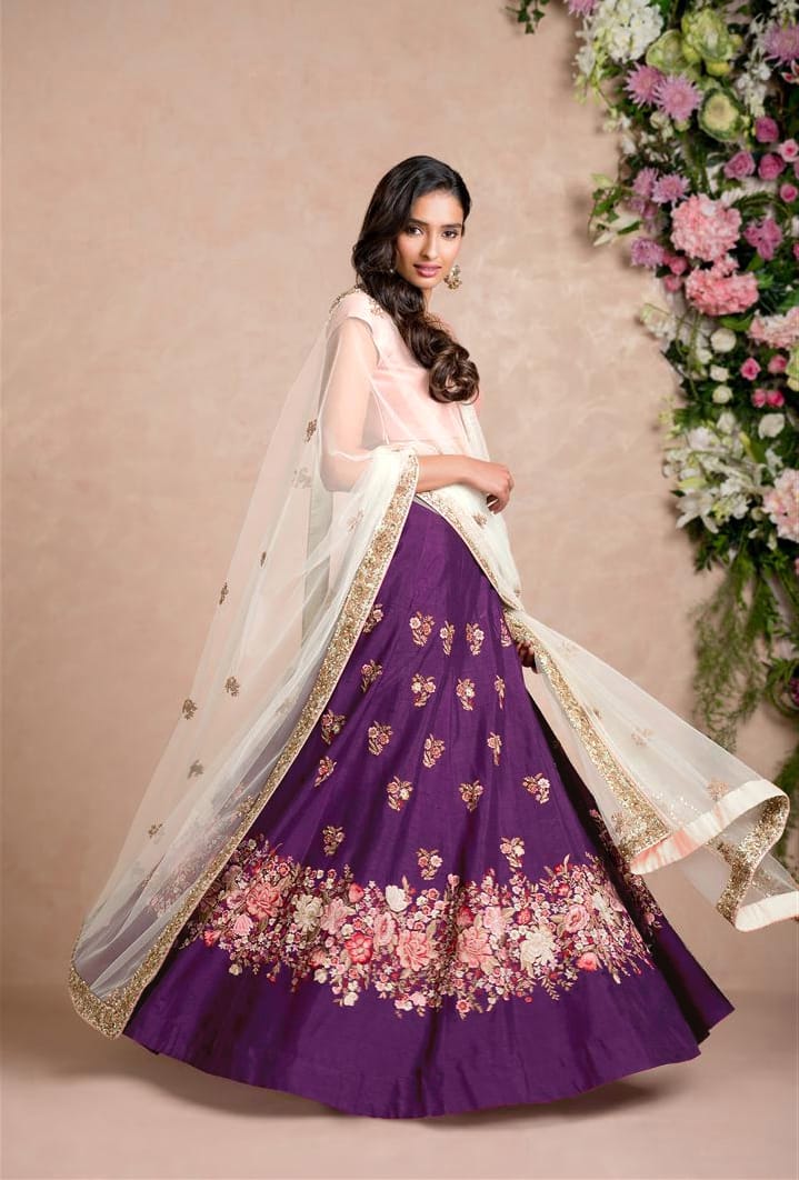 Purple Embroidered Raw Silk Lehenga Choli