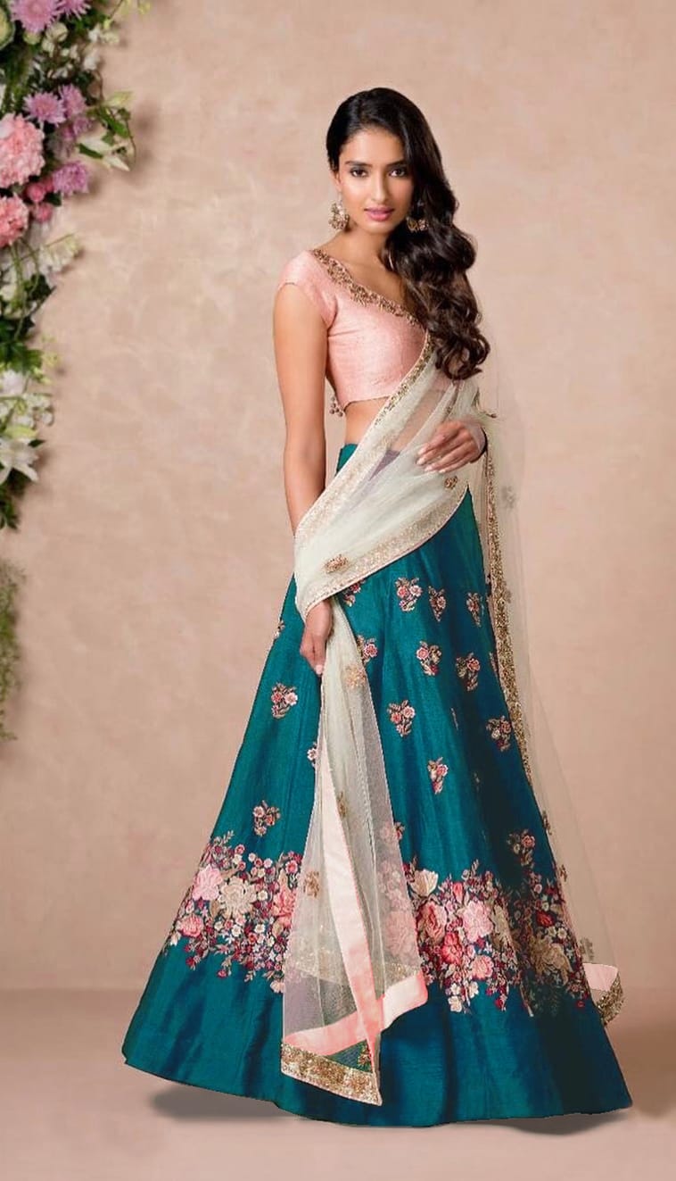 Rama Green Embroidered Raw Silk Lehenga Choli