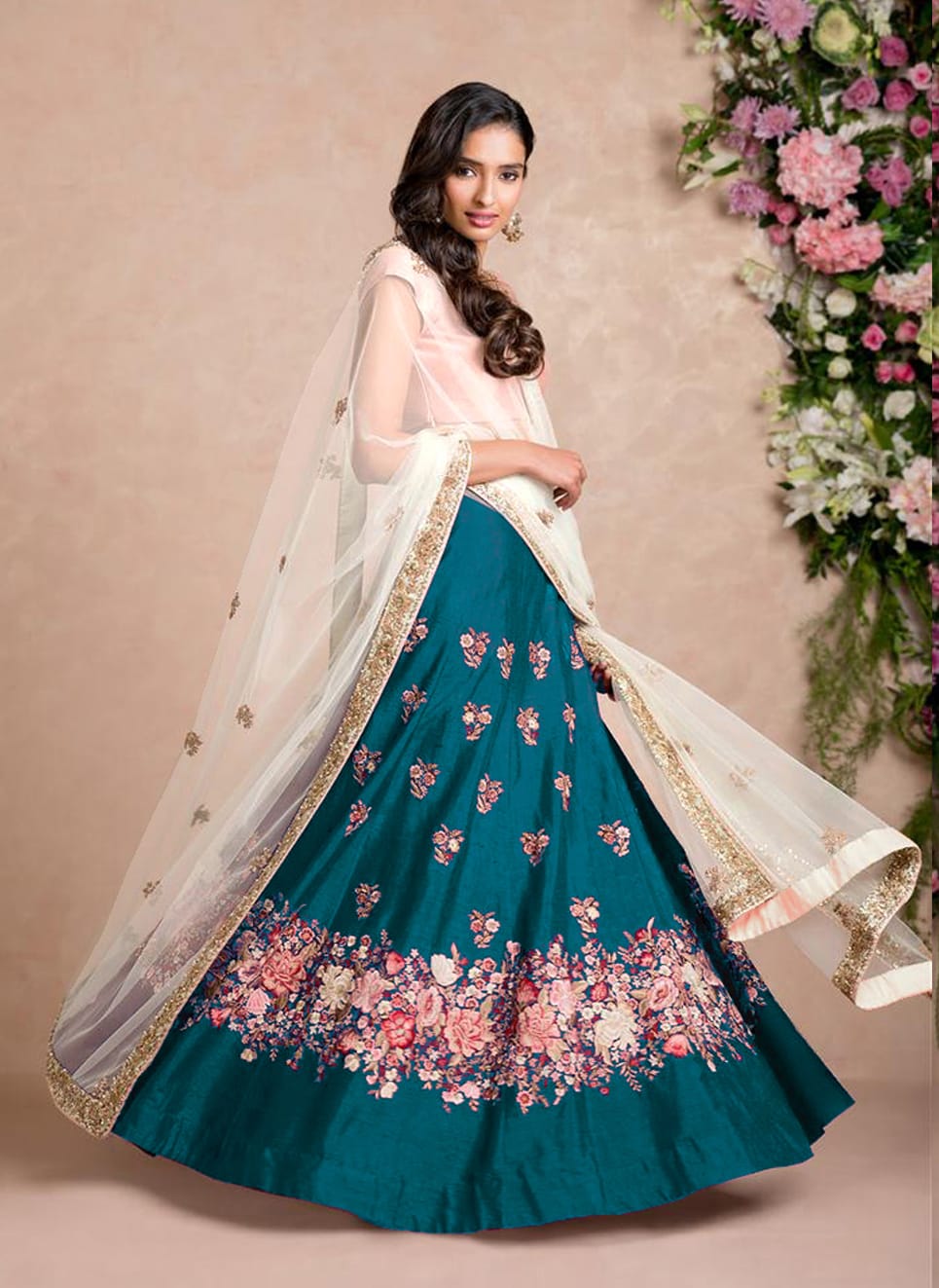 Rama Green Embroidered Raw Silk Lehenga Choli
