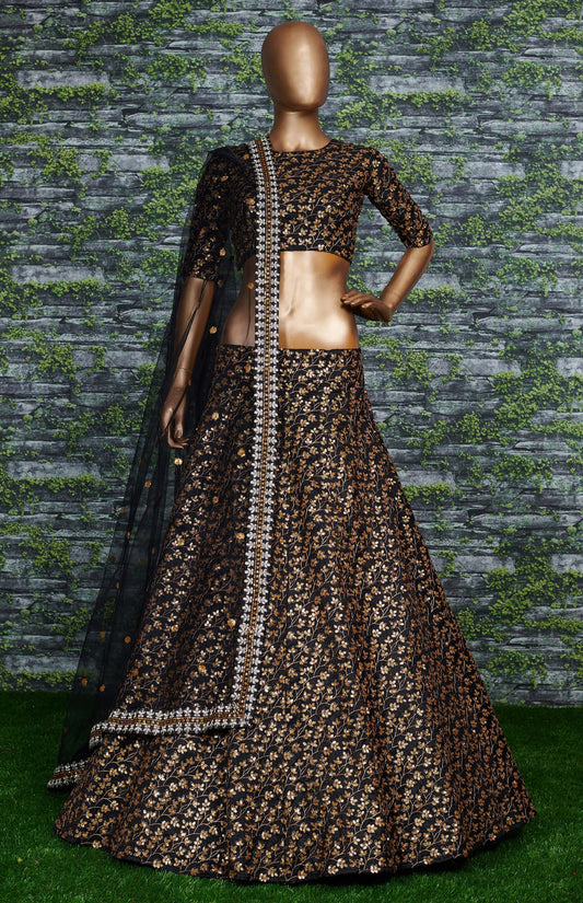 Black Raw Silk Embroidered Lehenga Choli Set