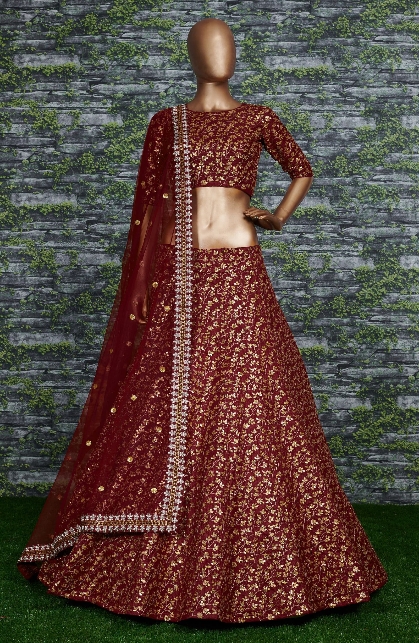 Marron Raw Silk Embroidered Lehenga Choli Set