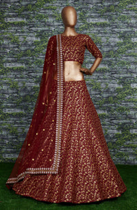 Marron Raw Silk Embroidered Lehenga Choli Set