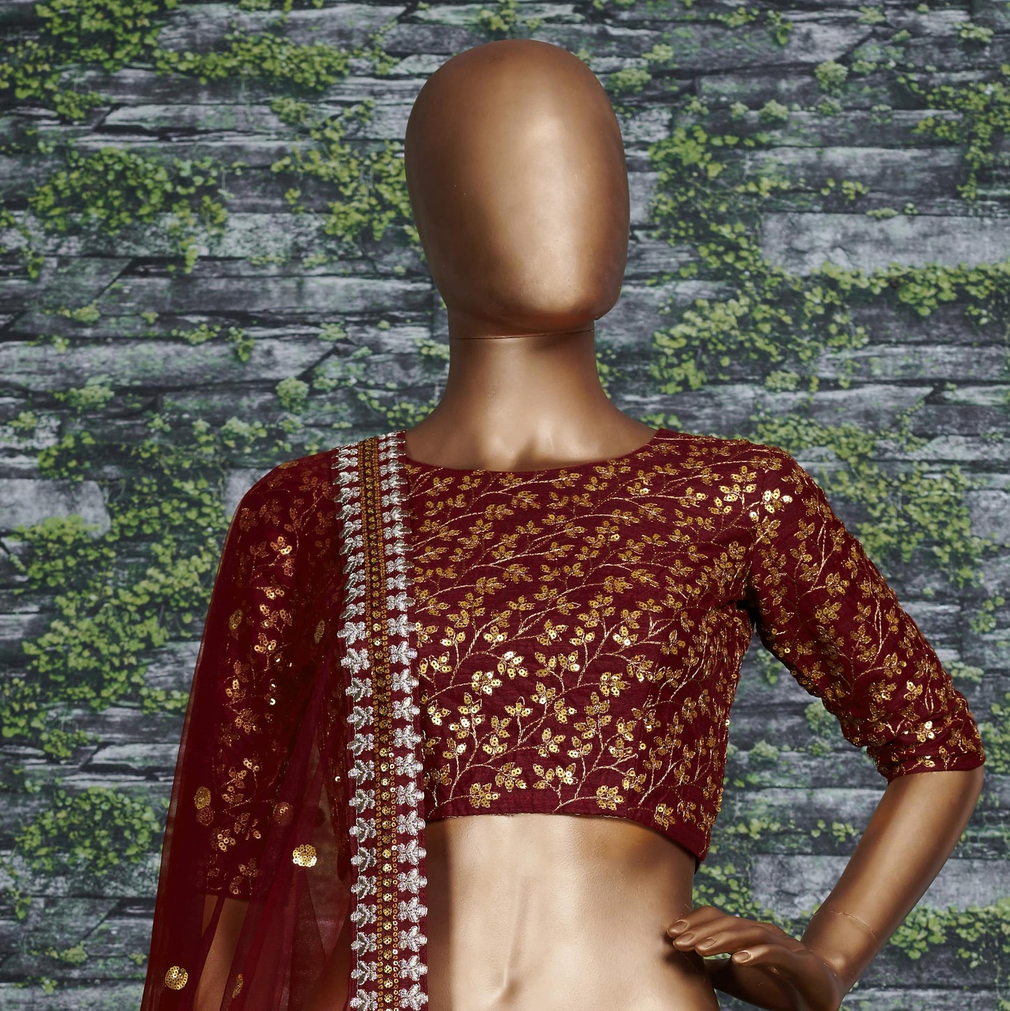 Marron Raw Silk Embroidered Lehenga Choli Set