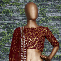 Marron Raw Silk Embroidered Lehenga Choli Set