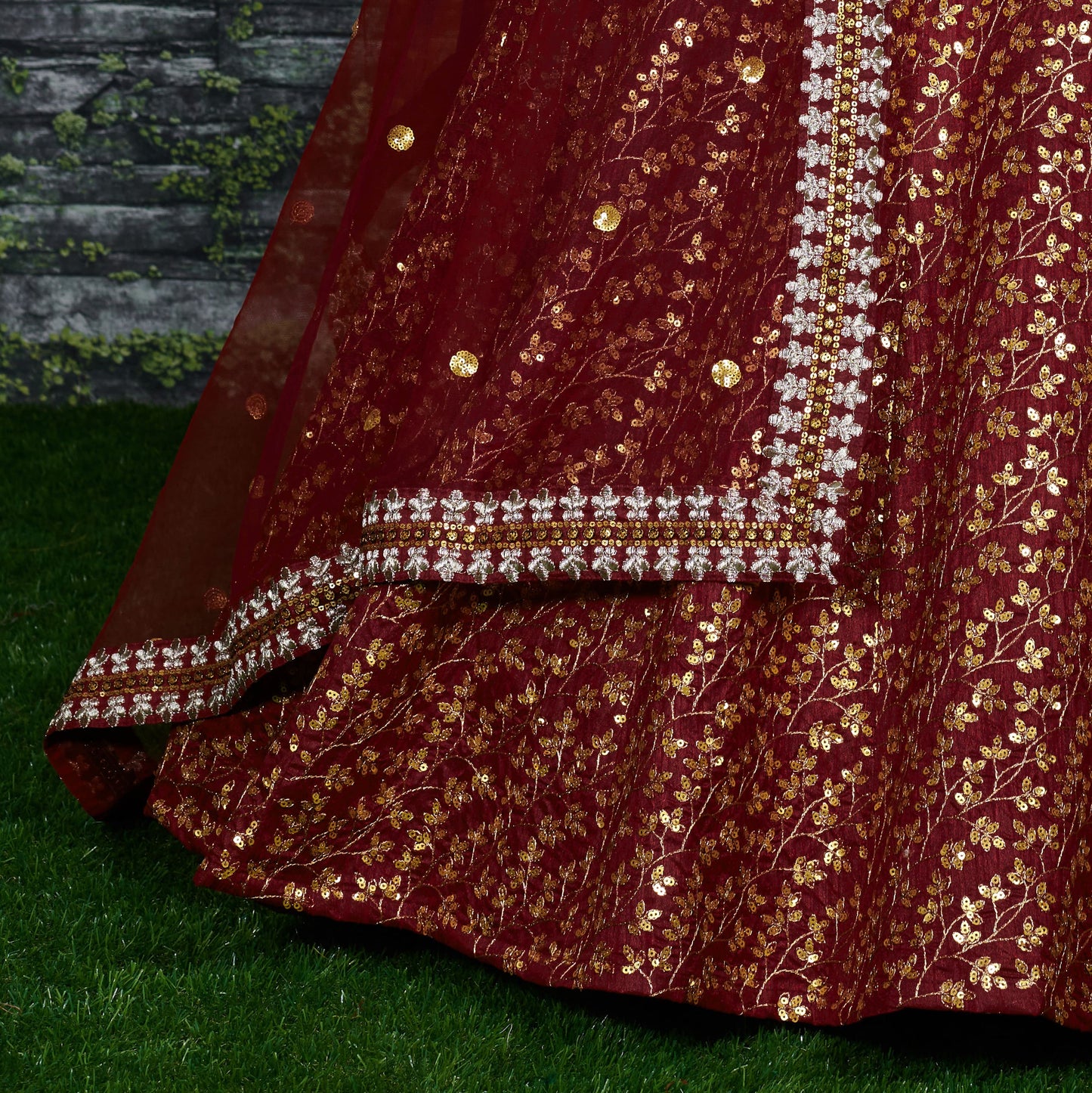Marron Raw Silk Embroidered Lehenga Choli Set