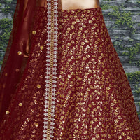 Marron Raw Silk Embroidered Lehenga Choli Set