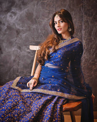 Blue Raw Silk Embroidered Lehenga Choli Set