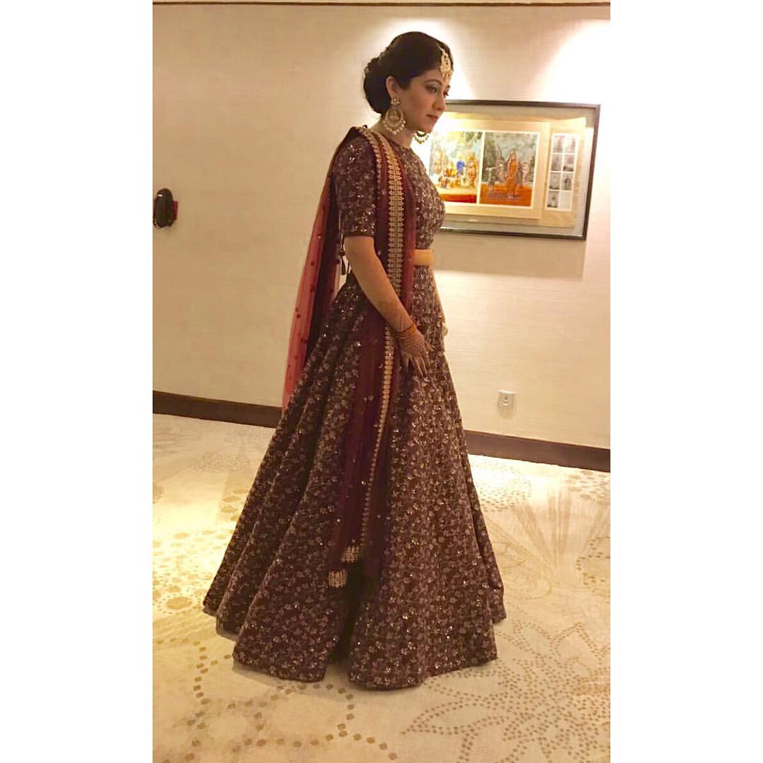 Marron Raw Silk Embroidered Lehenga Choli Set