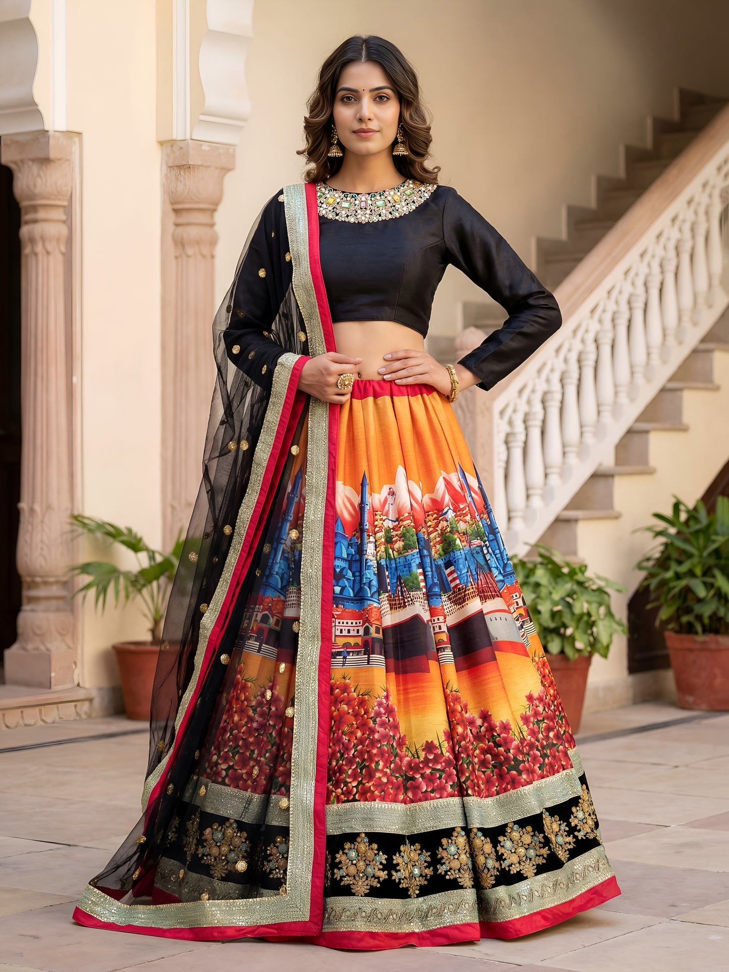 Black Velvet Blouse Designer Lehenga Set