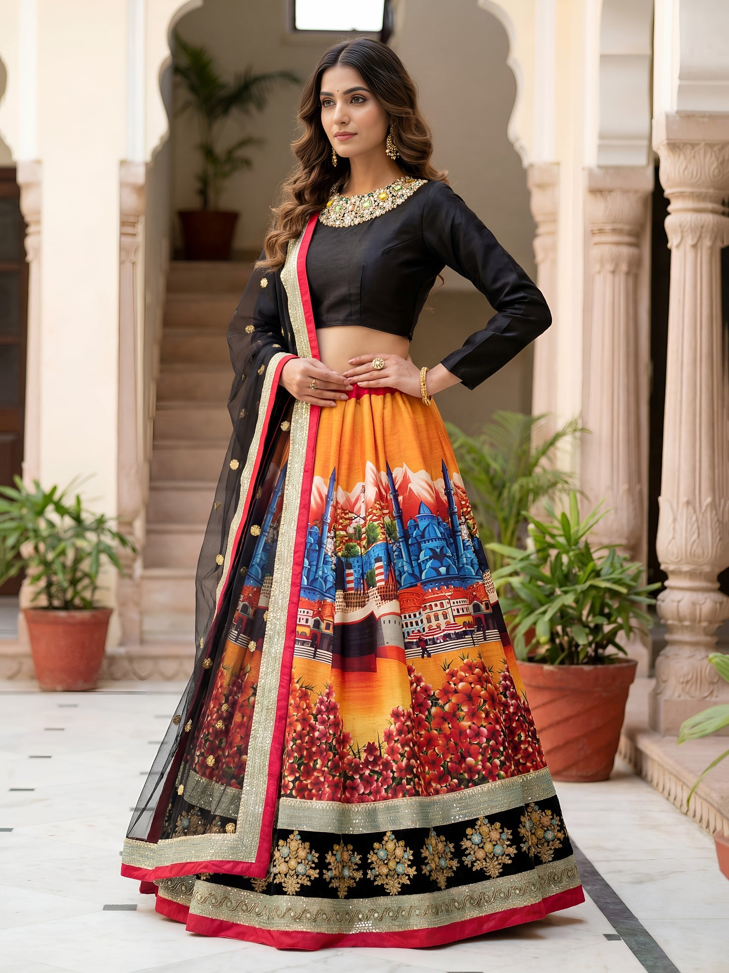 Black Velvet Blouse Designer Lehenga Set