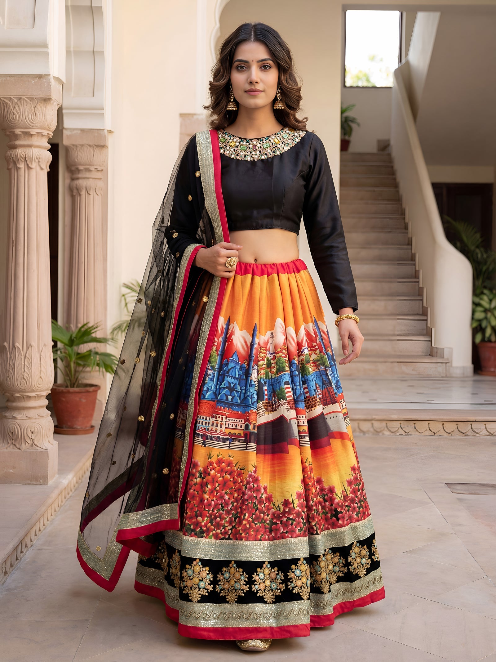 Black Velvet Blouse Designer Lehenga Set