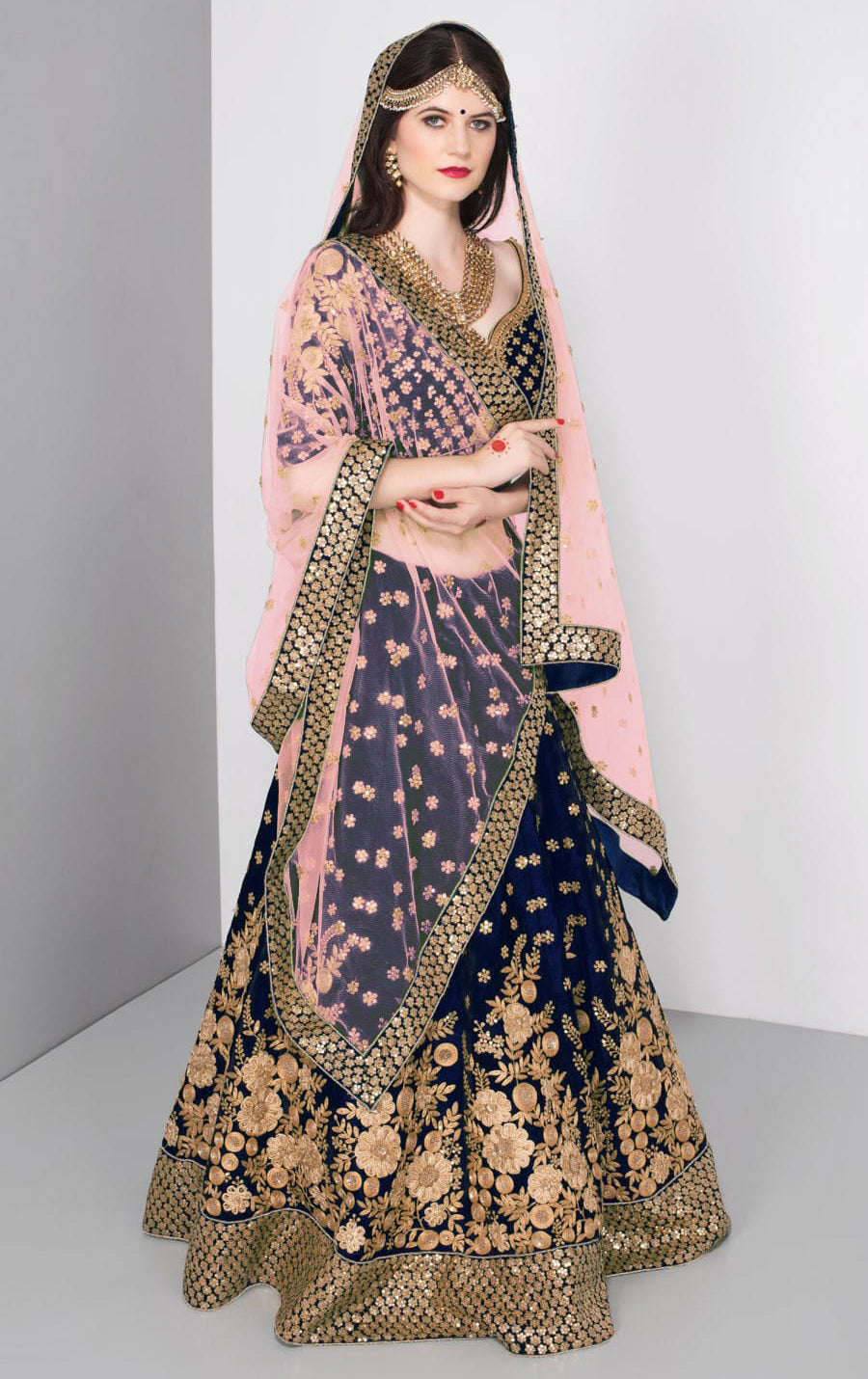 Royal Blue Velvet Embroidered Lehenga Set
