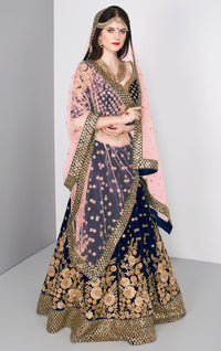 Royal Blue Velvet Embroidered Lehenga Set
