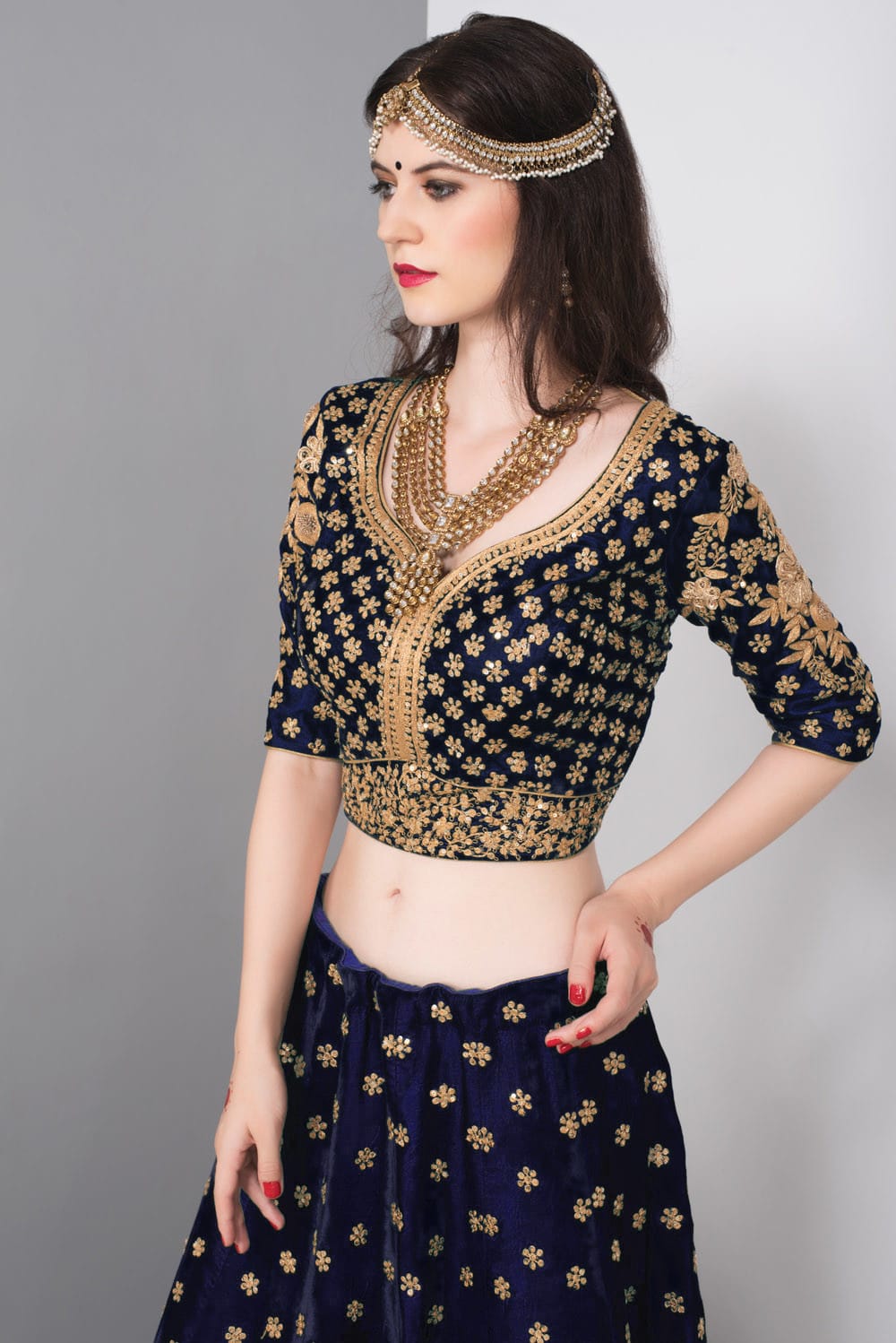 Royal Blue Velvet Embroidered Lehenga Set
