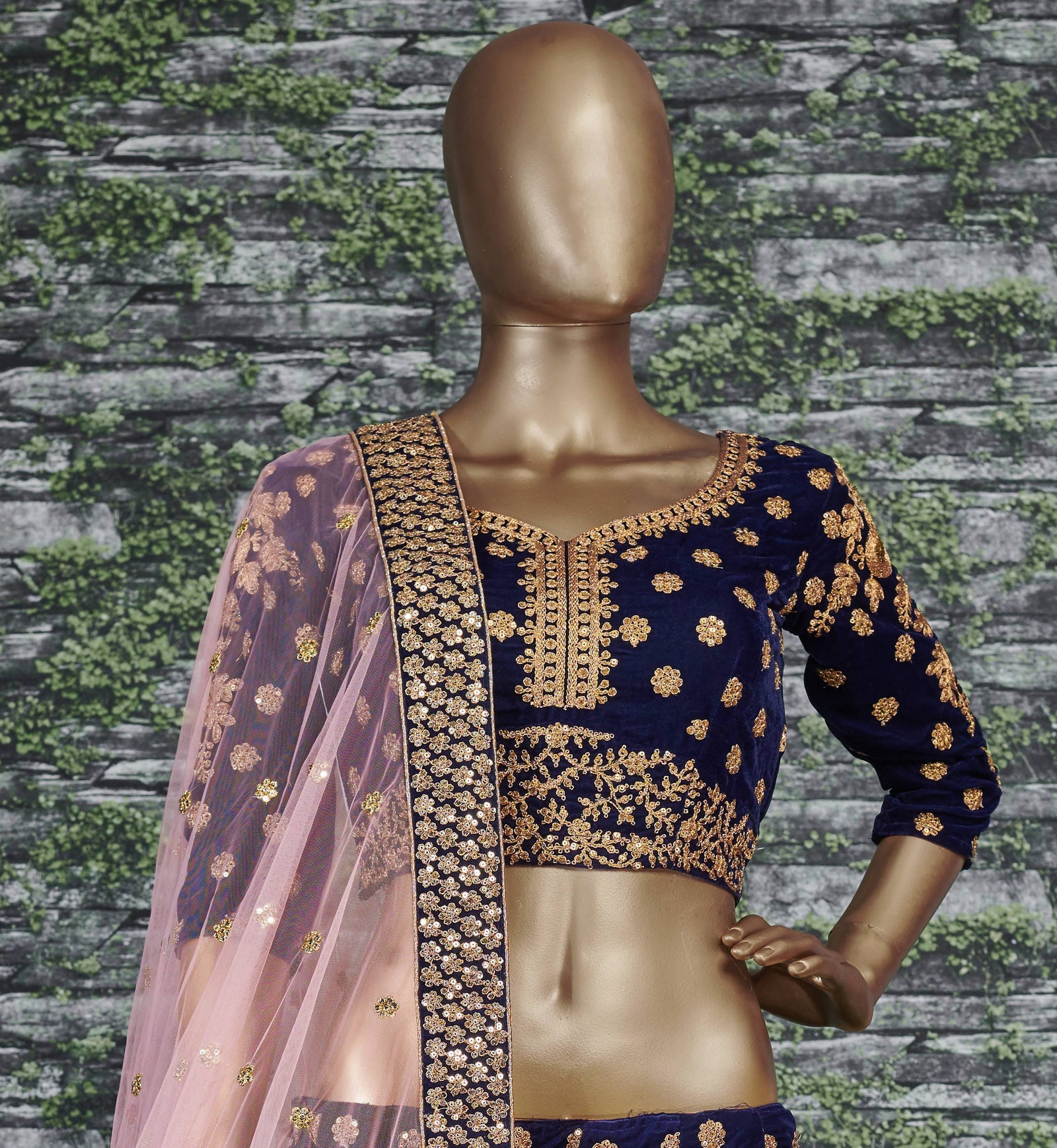 Royal Blue Velvet Embroidered Lehenga Set