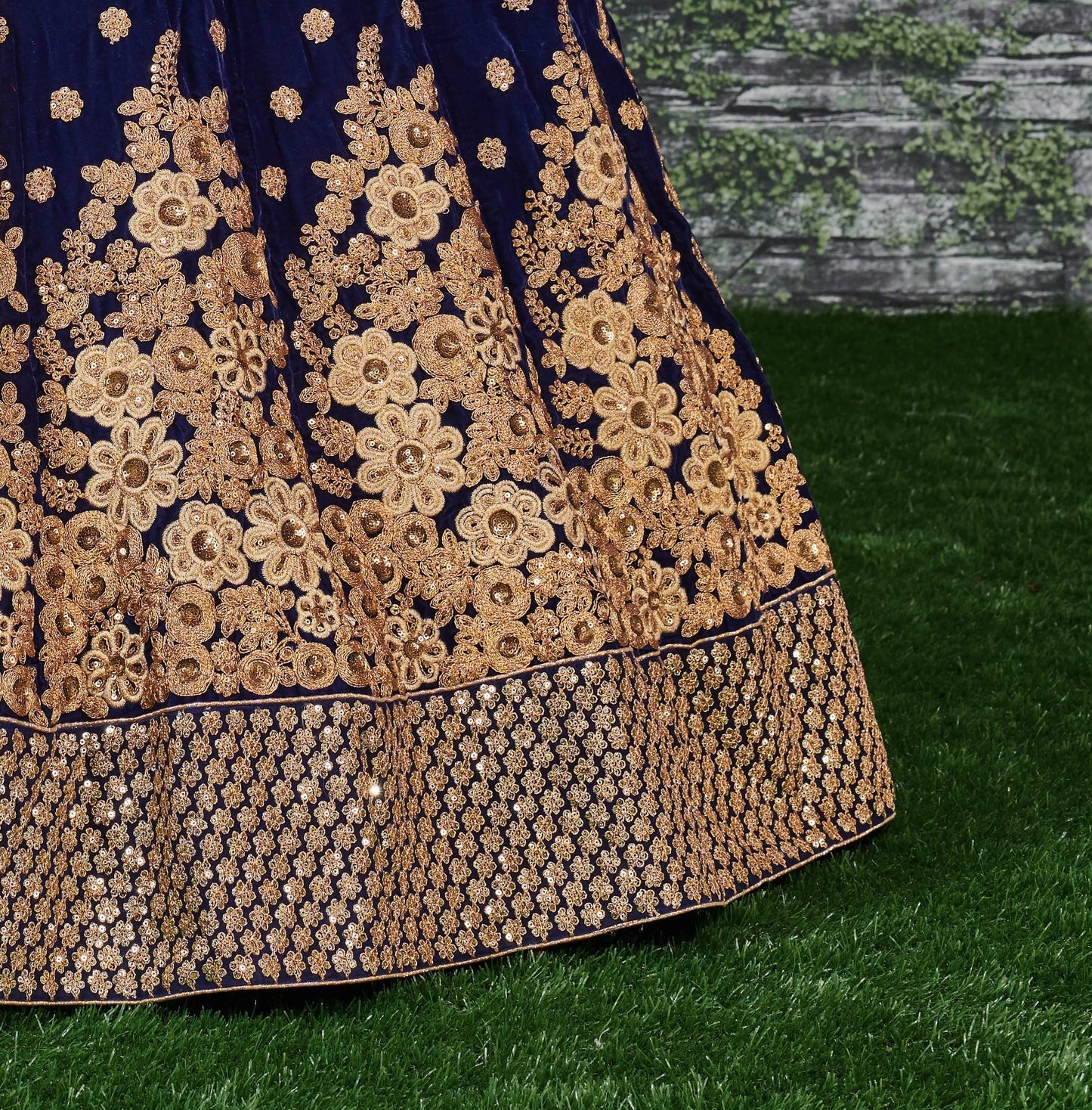 Royal Blue Velvet Embroidered Lehenga Set