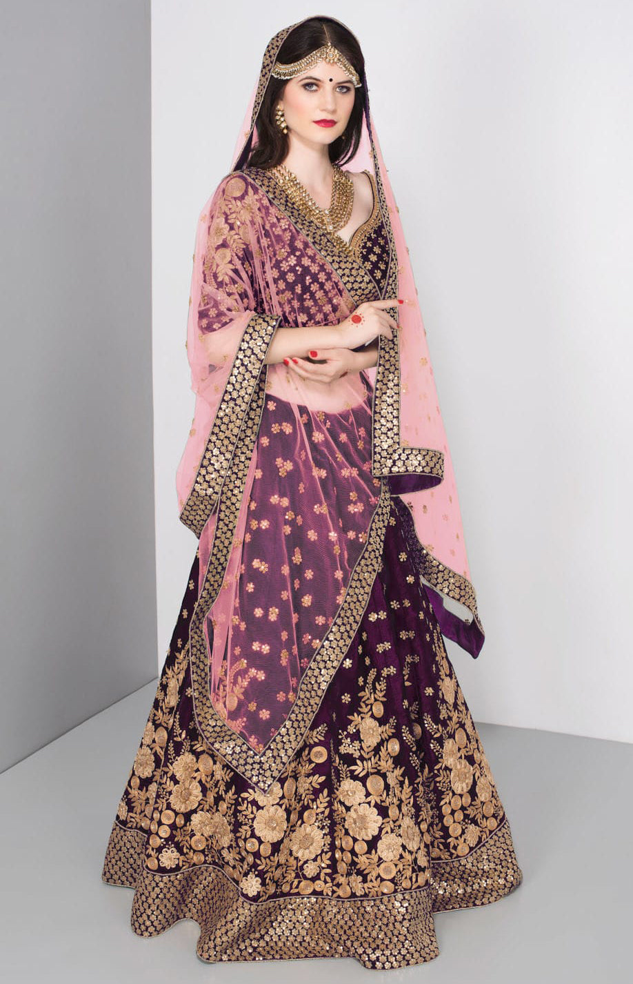 Royal Purple Velvet Embroidered Lehenga Set