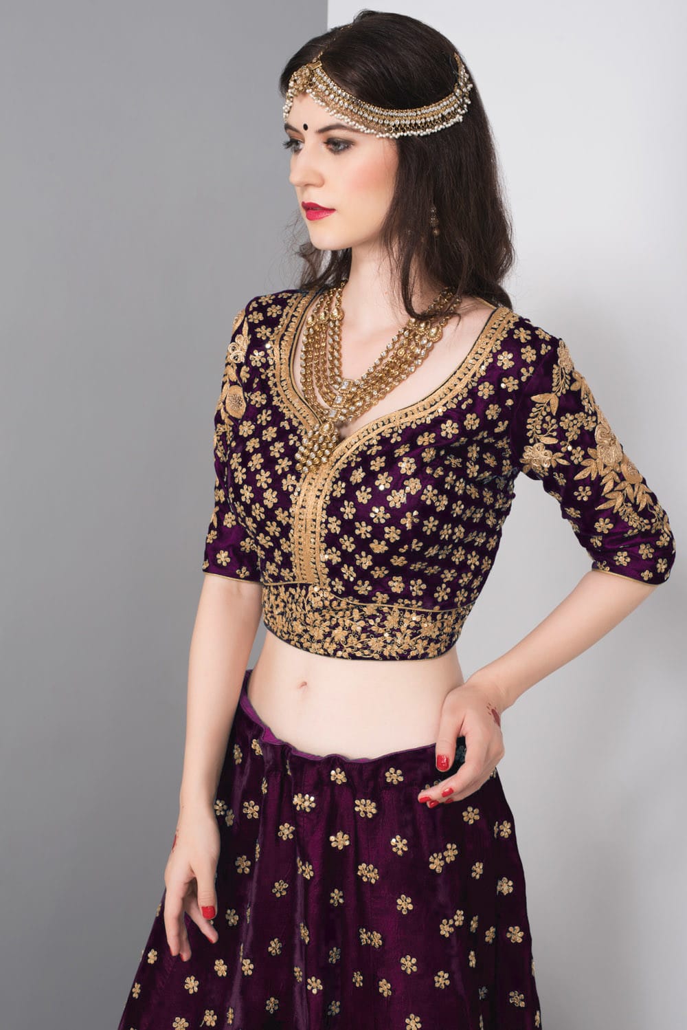 Royal Purple Velvet Embroidered Lehenga Set