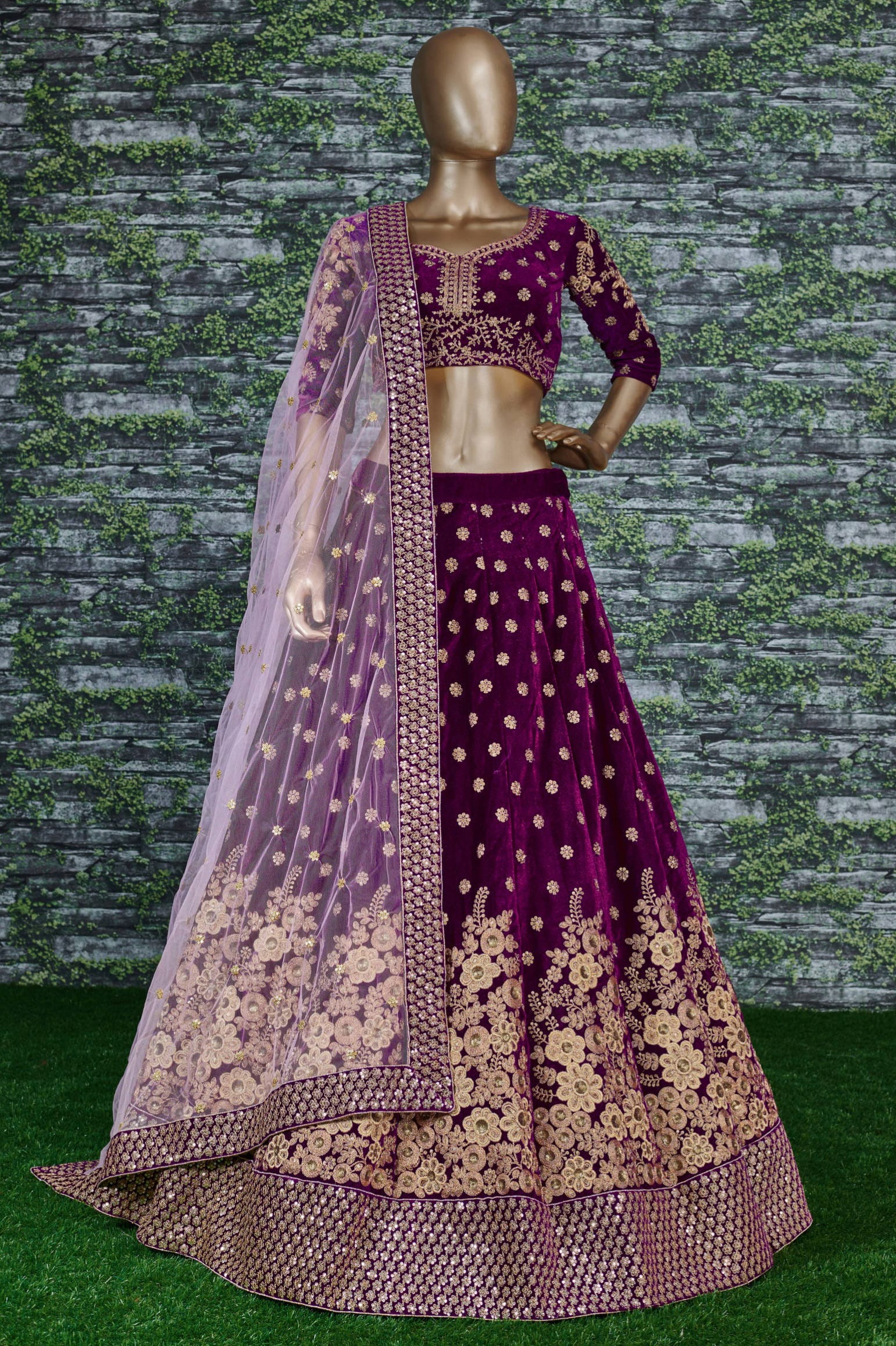 Royal Purple Velvet Embroidered Lehenga Set