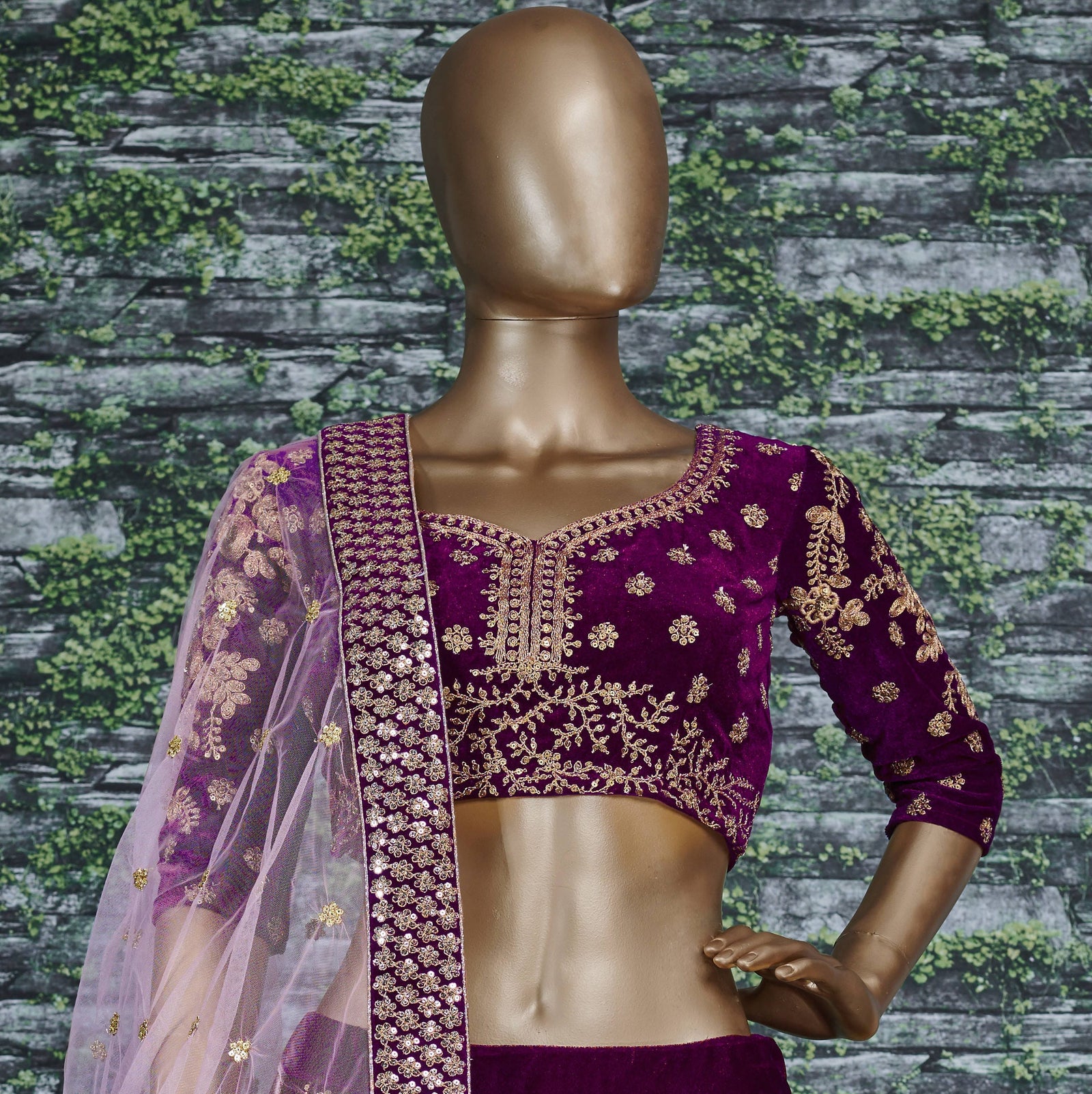 Royal Purple Velvet Embroidered Lehenga Set