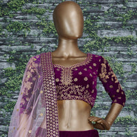 Royal Purple Velvet Embroidered Lehenga Set