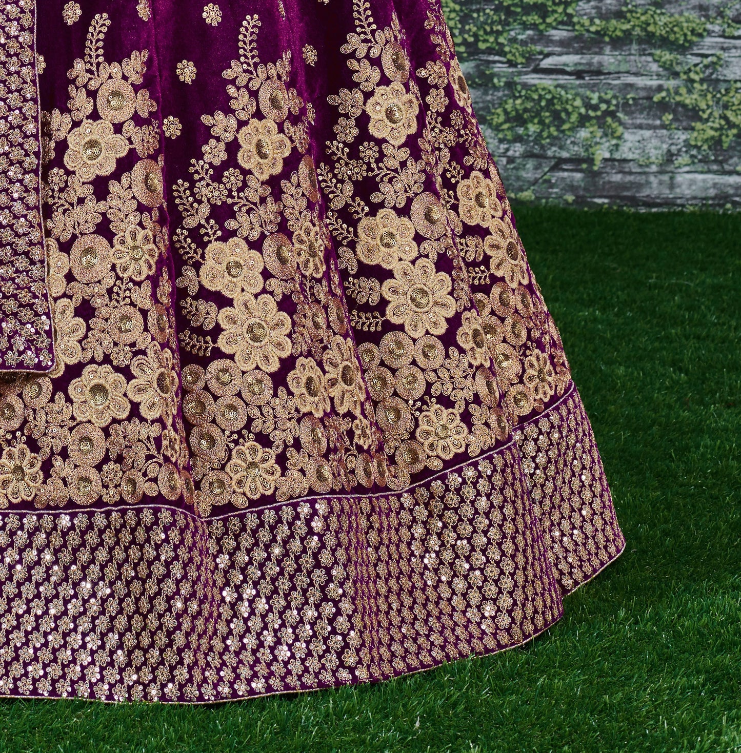 Royal Purple Velvet Embroidered Lehenga Set