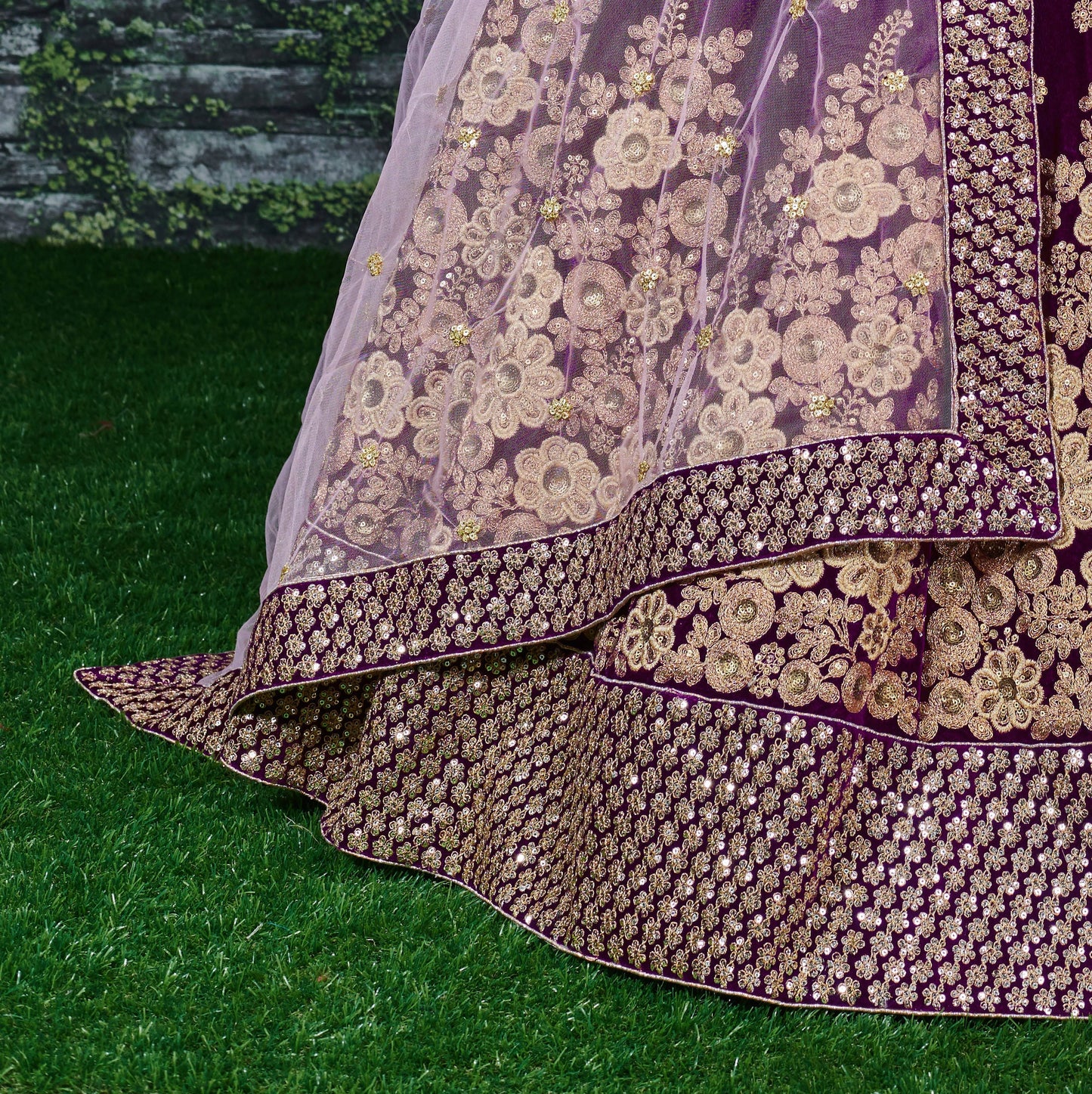 Royal Purple Velvet Embroidered Lehenga Set