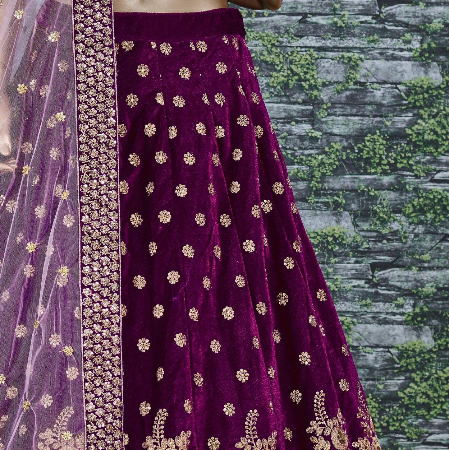 Royal Purple Velvet Embroidered Lehenga Set