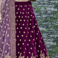 Royal Purple Velvet Embroidered Lehenga Set