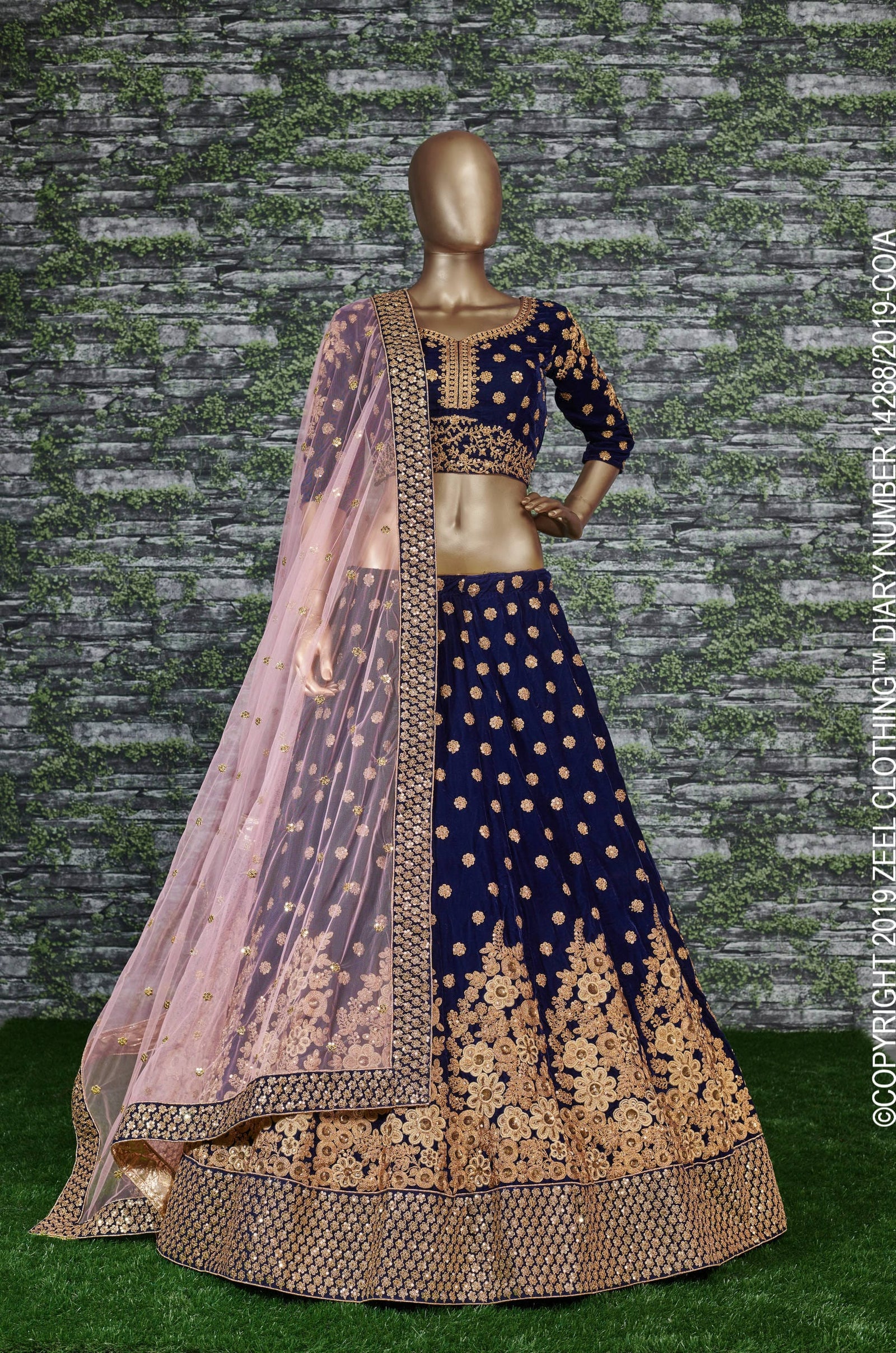 Royal Blue Velvet Embroidered Lehenga Set