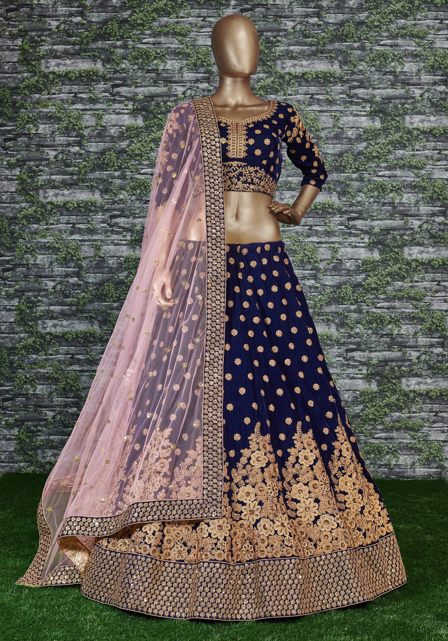 Royal Blue Velvet Embroidered Lehenga Set