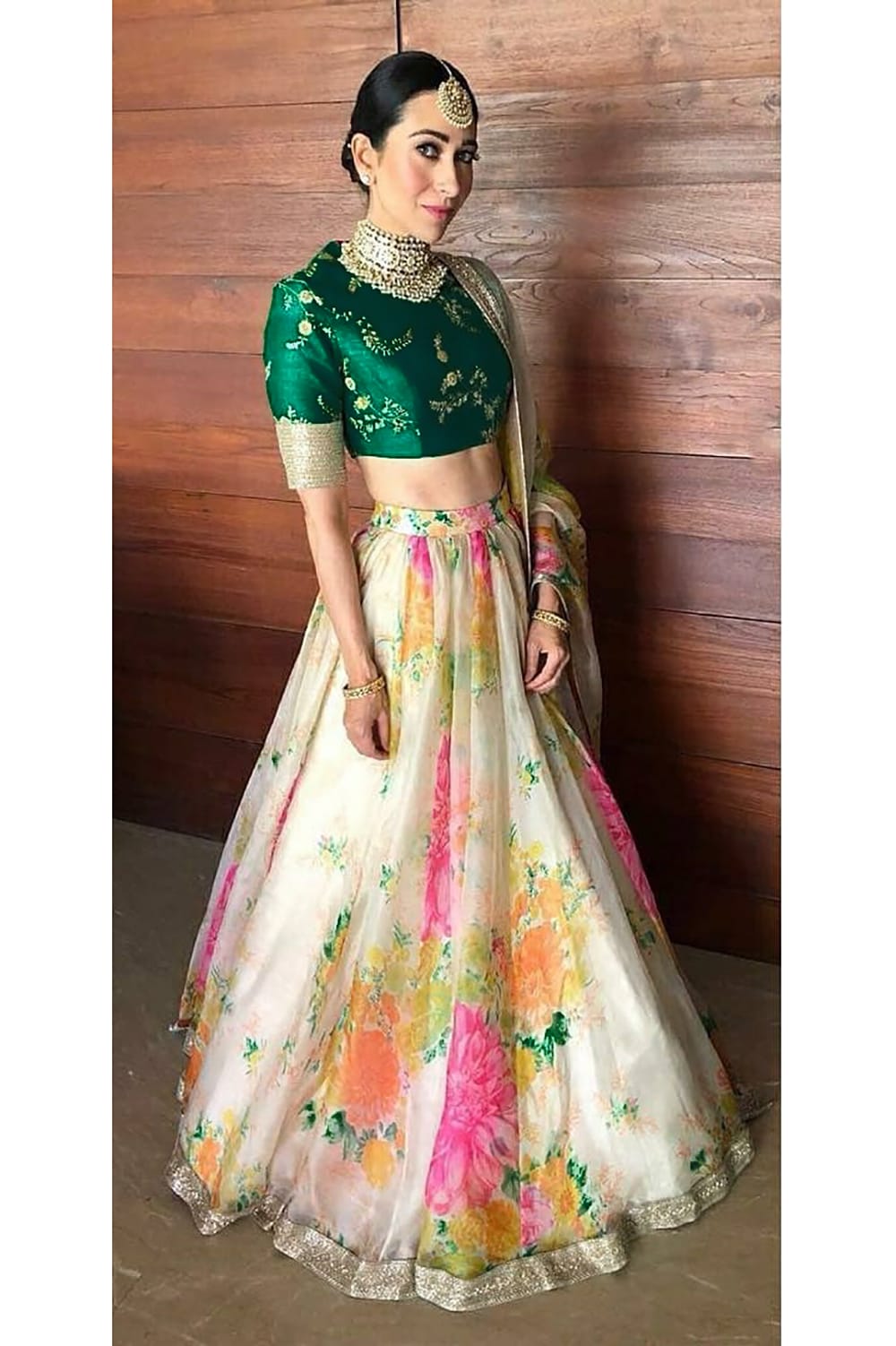 Cream Green Floral Khadi Organza Lehenga Set