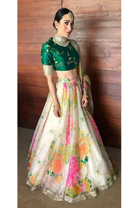 Cream Green Floral Khadi Organza Lehenga Set