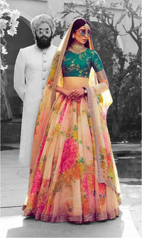 Cream Green Floral Khadi Organza Lehenga Set