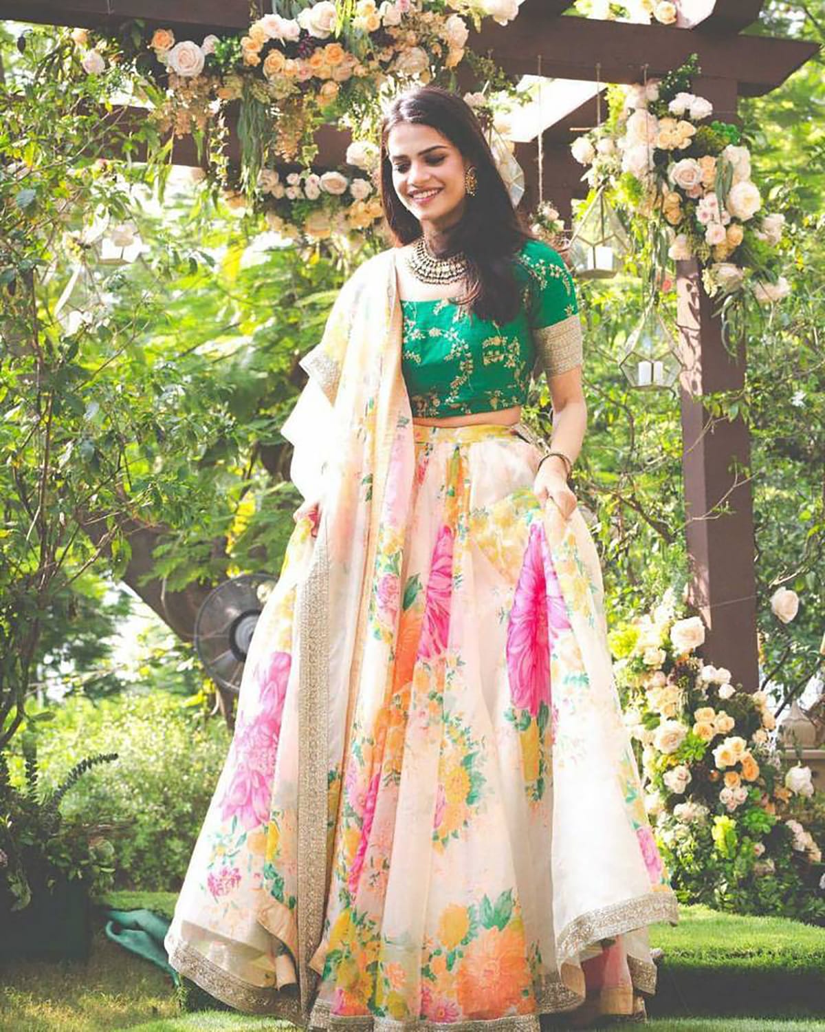 Cream Green Floral Khadi Organza Lehenga Set