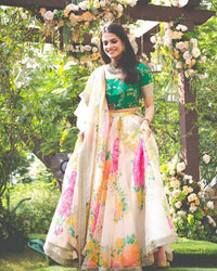 Cream Green Floral Khadi Organza Lehenga Set