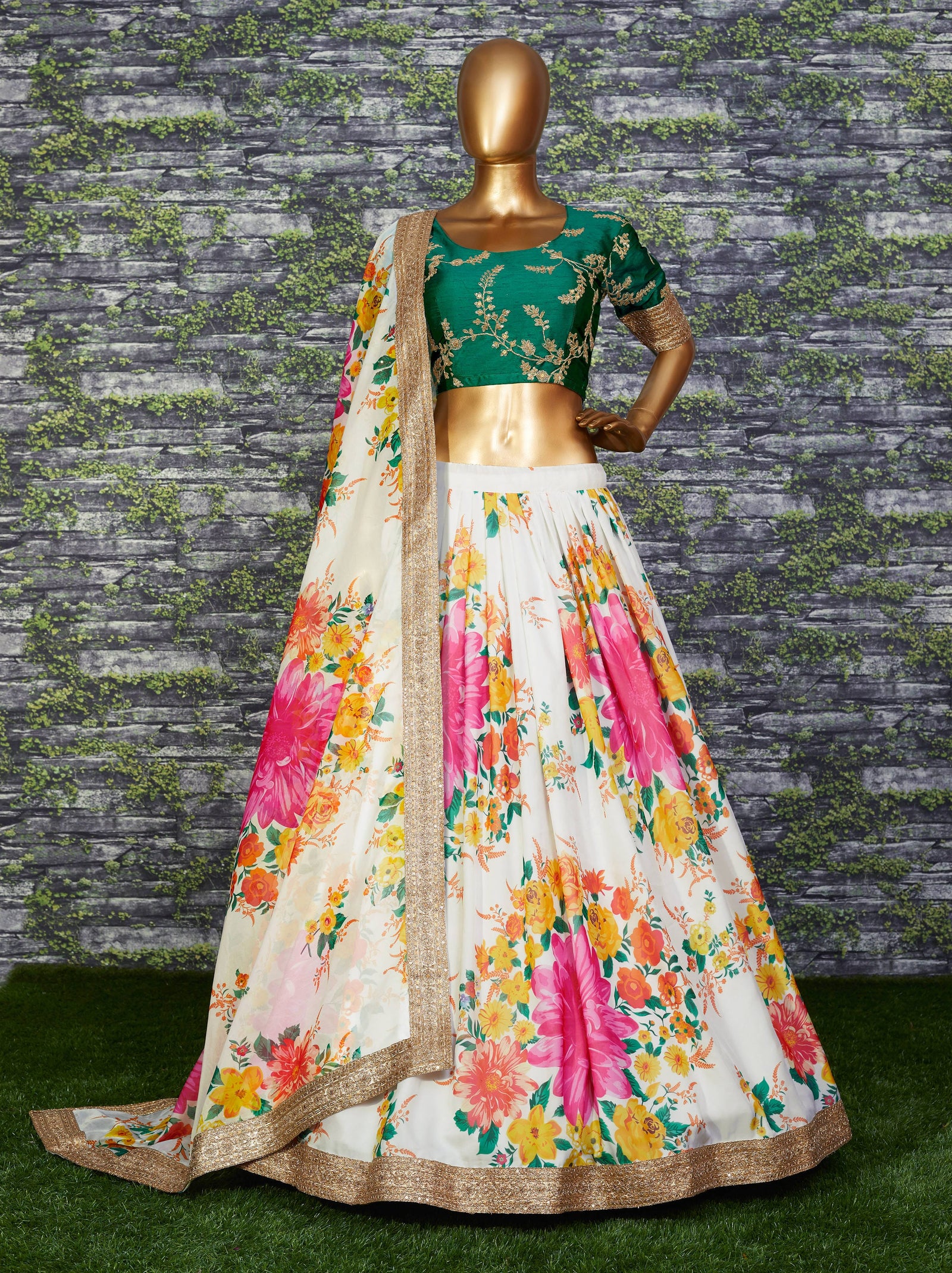 Cream Green Floral Khadi Organza Lehenga Set