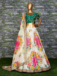 Cream Green Floral Khadi Organza Lehenga Set