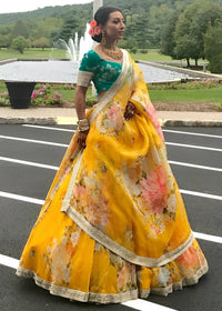 Yellow Green Floral Khadi Organza Lehenga Set