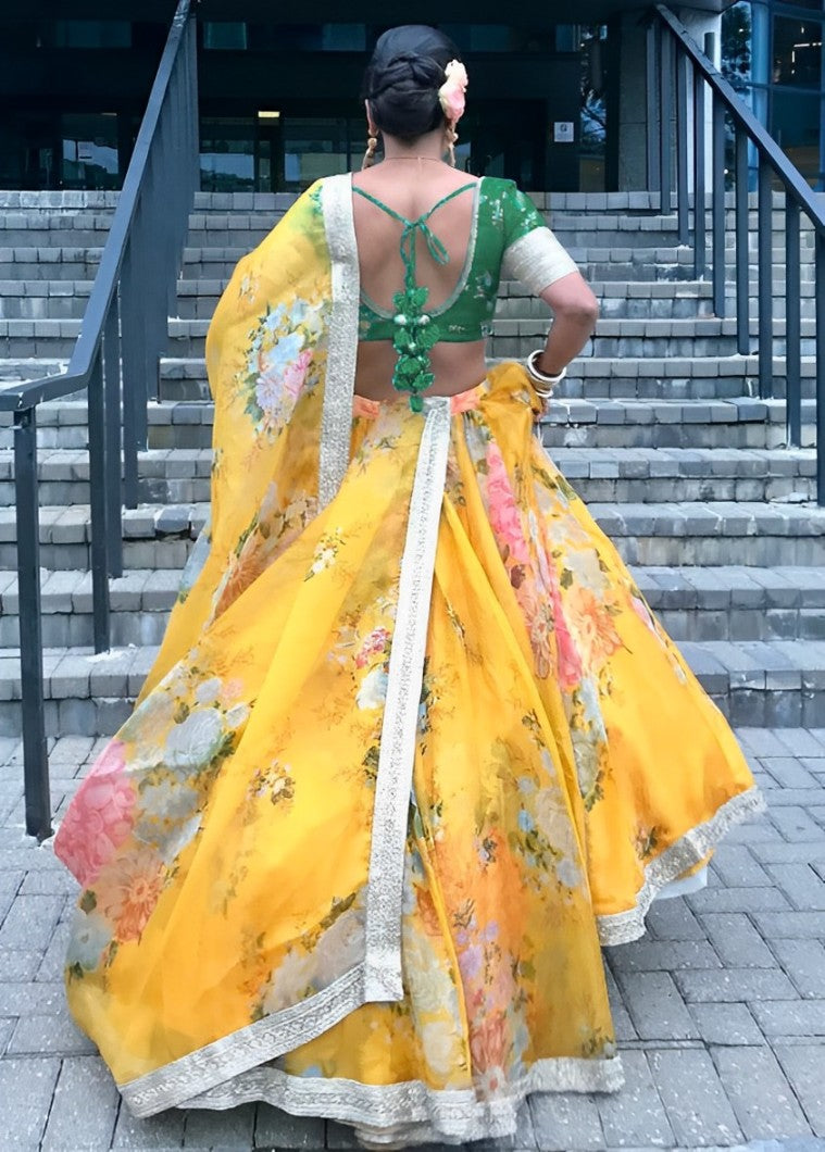 Yellow Green Floral Khadi Organza Lehenga Set